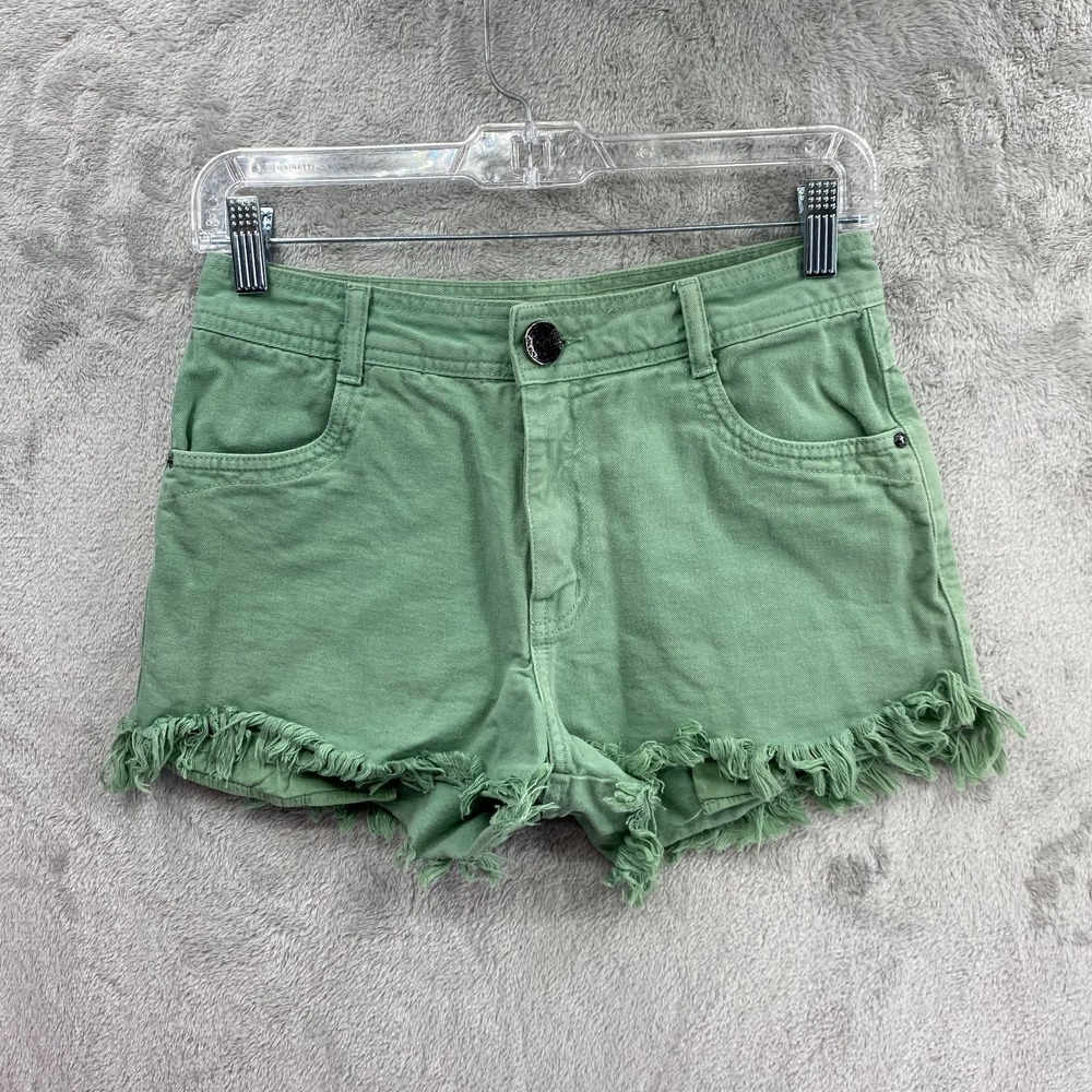 DiMY Women 34 Sage Green Frayed Hem Mid Rise Denim Cutoff Shorts